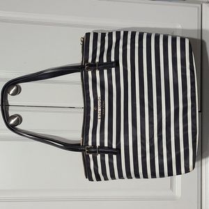 Kate Spade Watson Lane Maya Black & White Stripe Nylon & Leather Tote Authentic